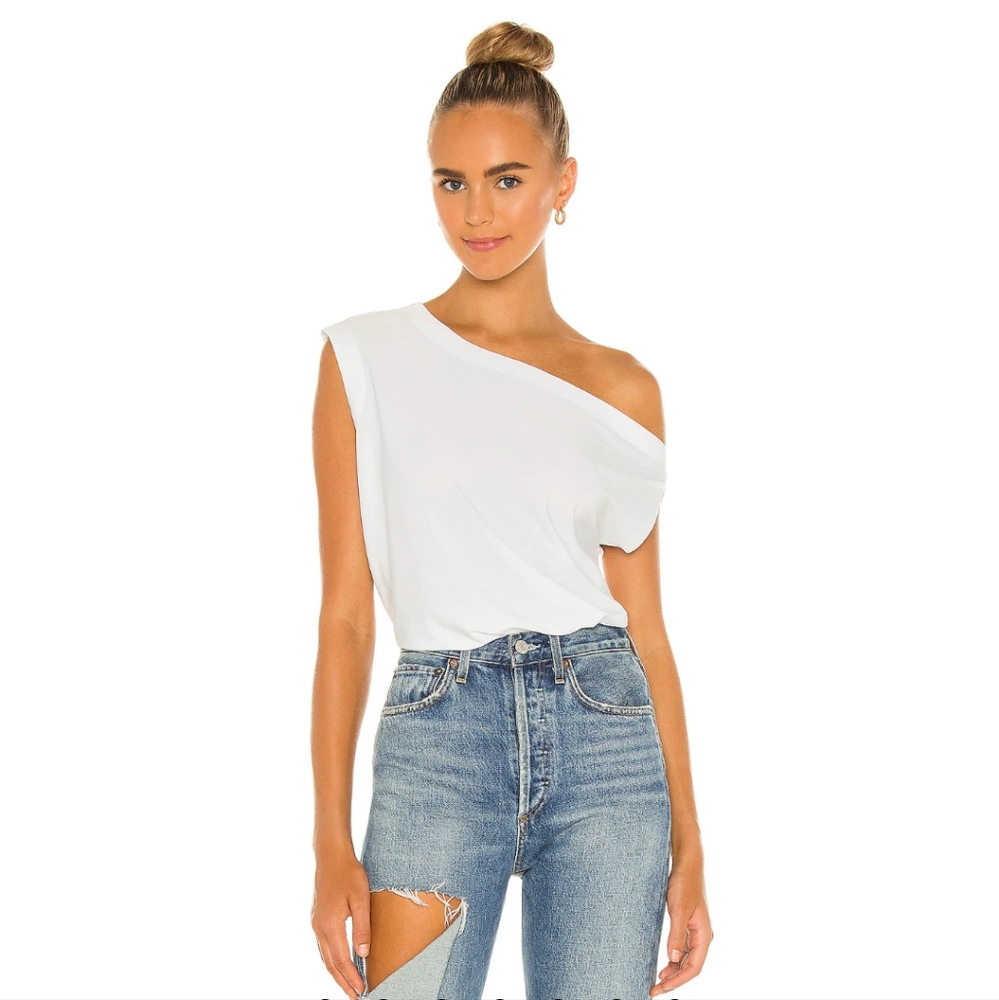 Norma Kamali Drop Shoulder Top Blouse White Minimal Sleek Slinky Womens Medium